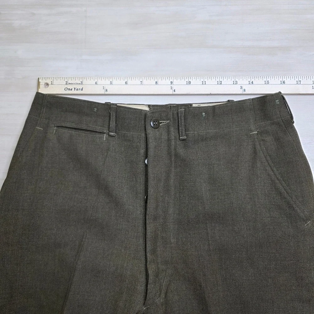 Vintage Military Wool Trousers Olive Drab High Waisted Button Fly Pants 32 x 33